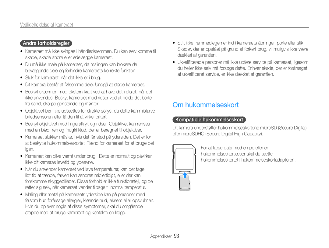 Samsung EC-PL210ZBPBE2, EC-PL21ZZBPBE2, EC-PL21ZZBPPE2 Om hukommelseskort, Andre forholdsregler, Kompatible hukommelseskort 