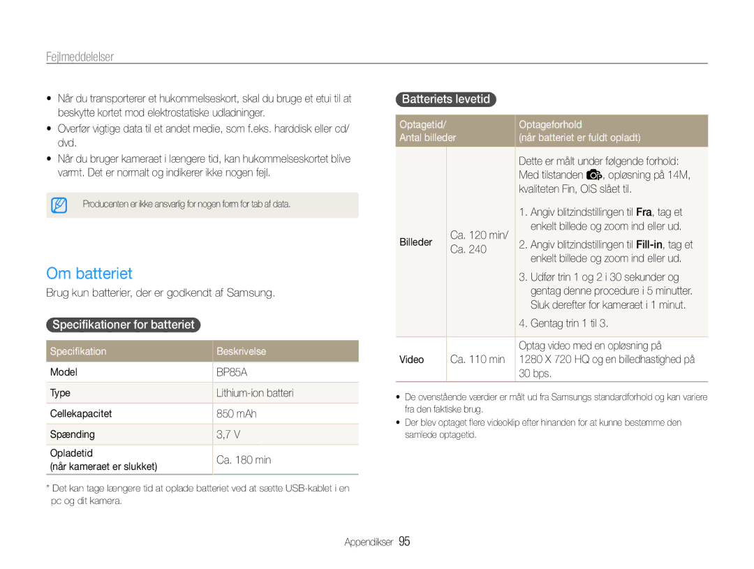 Samsung EC-PL21ZZBPBE2 manual Om batteriet, Specifikationer for batteriet, Batteriets levetid, Specifikation Beskrivelse 