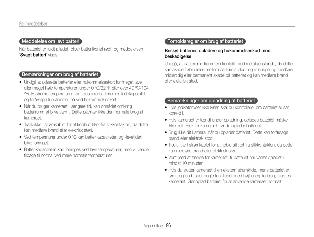 Samsung EC-PL21ZZBPPE2 Meddelelse om lavt batteri, Bemærkninger om brug af batteriet, Forholdsregler om brug af batteriet 