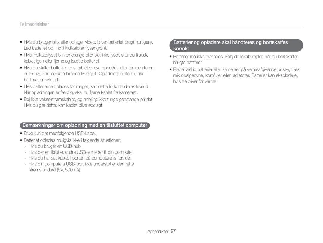 Samsung EC-PL210ZBPPE2, EC-PL21ZZBPBE2 manual Bemærkninger om opladning med en tilsluttet computer, Strømstandard 5V, 500mA 