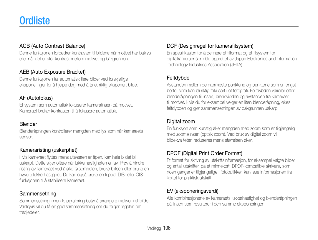 Samsung EC-PL21ZZBPRE2, EC-PL21ZZBPBE2, EC-PL21ZZBPPE2, EC-PL210ZBPPE2, EC-PL211ZBPBE2, EC-PL210ZBPBE2 manual Ordliste 