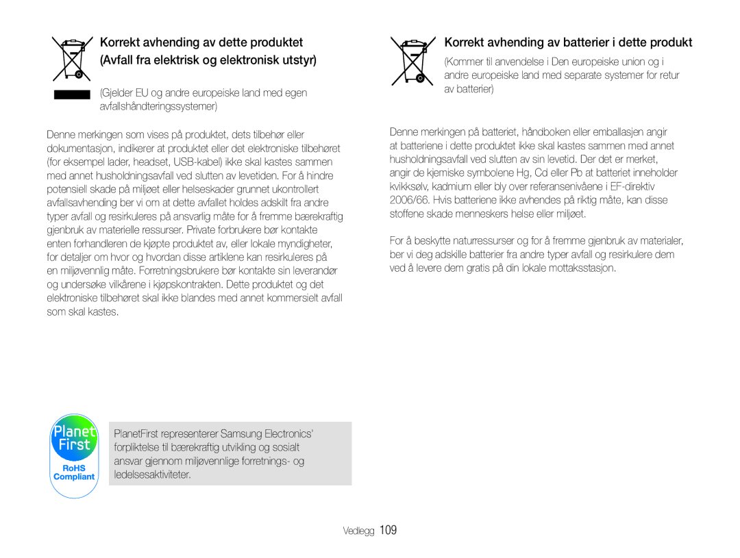 Samsung EC-PL210ZBPPE2, EC-PL21ZZBPBE2, EC-PL21ZZBPPE2, EC-PL211ZBPBE2 manual Korrekt avhending av batterier i dette produkt 