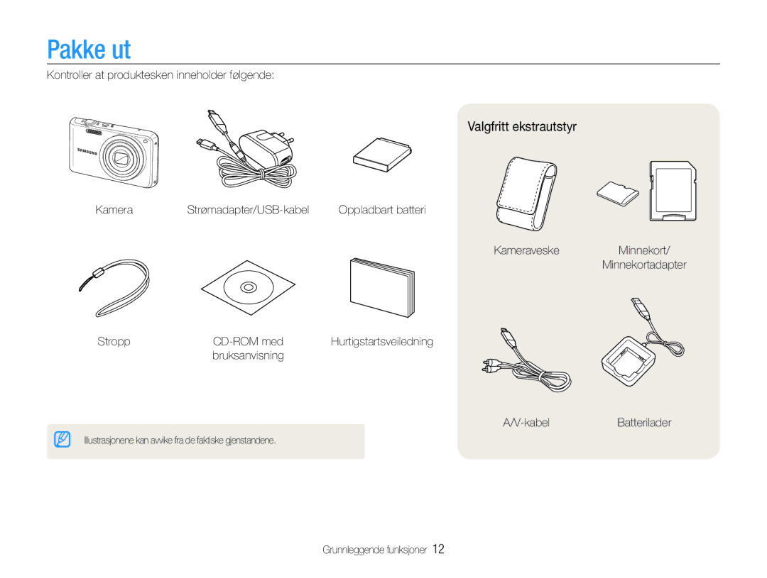 Samsung EC-PL21ZZBPPE2, EC-PL21ZZBPBE2, EC-PL210ZBPPE2, EC-PL211ZBPBE2, EC-PL210ZBPBE2 manual Pakke ut, Valgfritt ekstrautstyr 