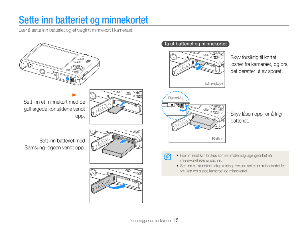 Samsung EC-PL210ZBPBE2, EC-PL21ZZBPBE2 manual Sette inn batteriet og minnekortet, Batteriet, Ta ut batteriet og minnekortet 