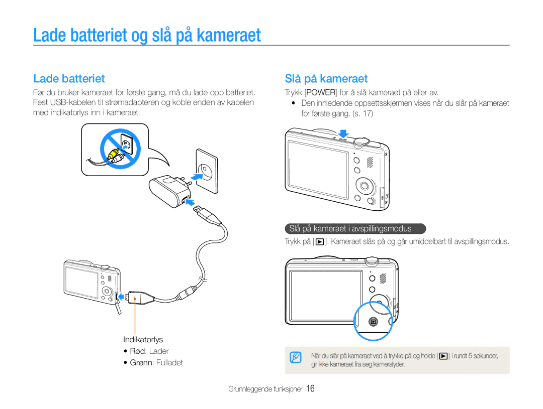 Samsung EC-PL21ZZBPRE2, EC-PL21ZZBPBE2 manual Lade batteriet og slå på kameraet, Slå på kameraet i avspillingsmodus 