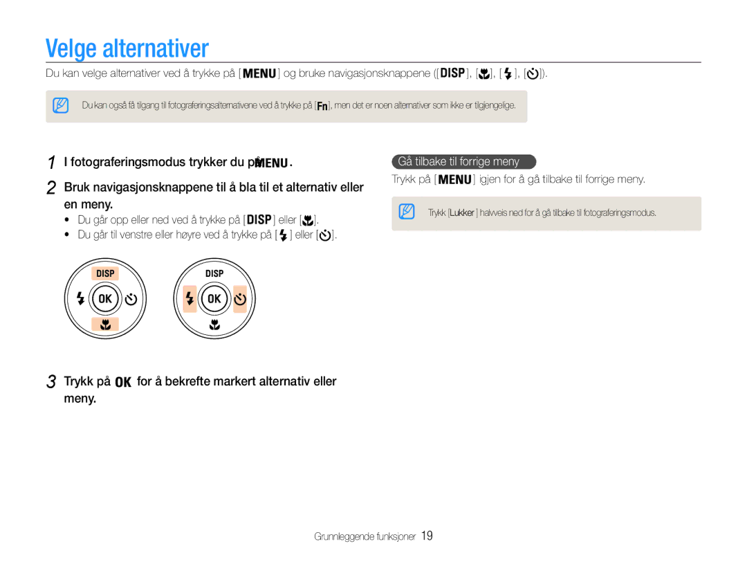 Samsung EC-PL210ZBPPE2, EC-PL21ZZBPBE2 manual Velge alternativer, En meny, Eller, Gå tilbake til forrige meny, Trykk på 