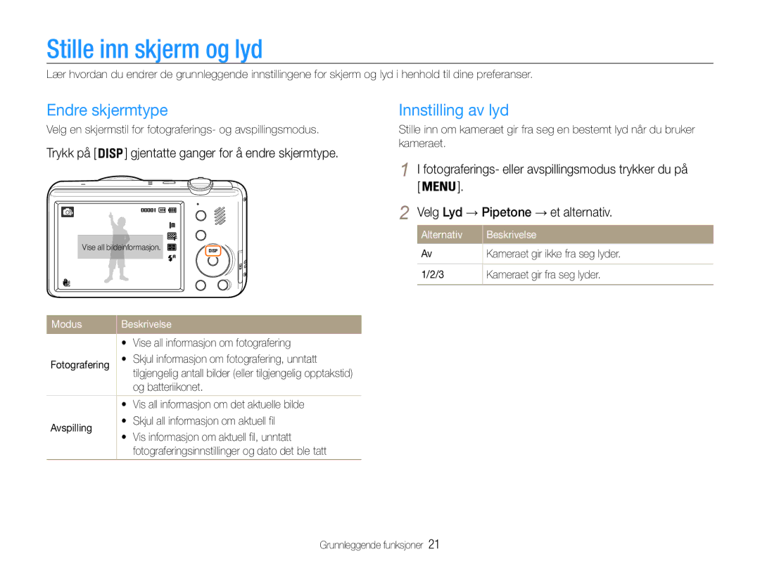 Samsung EC-PL210ZBPBE2, EC-PL21ZZBPBE2, EC-PL21ZZBPPE2 manual Stille inn skjerm og lyd, Endre skjermtype, Innstilling av lyd 