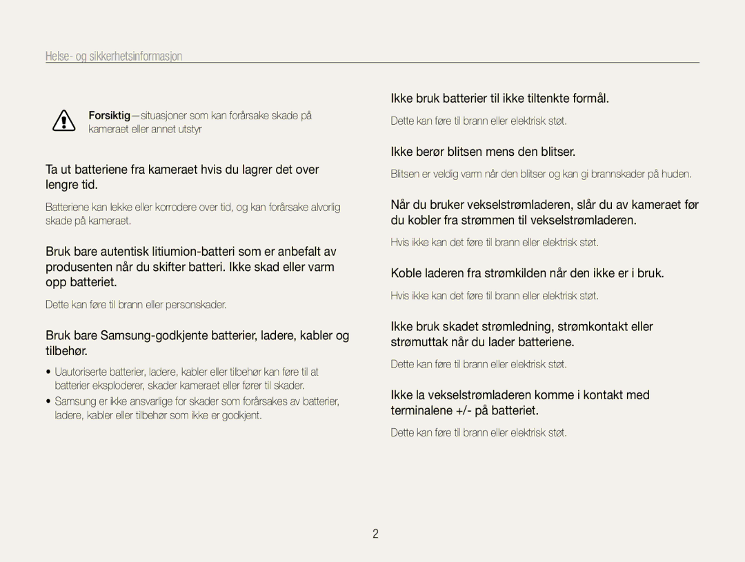 Samsung EC-PL211ZBPBE2, EC-PL21ZZBPBE2 manual Helse- og sikkerhetsinformasjon, Ikke bruk batterier til ikke tiltenkte formål 