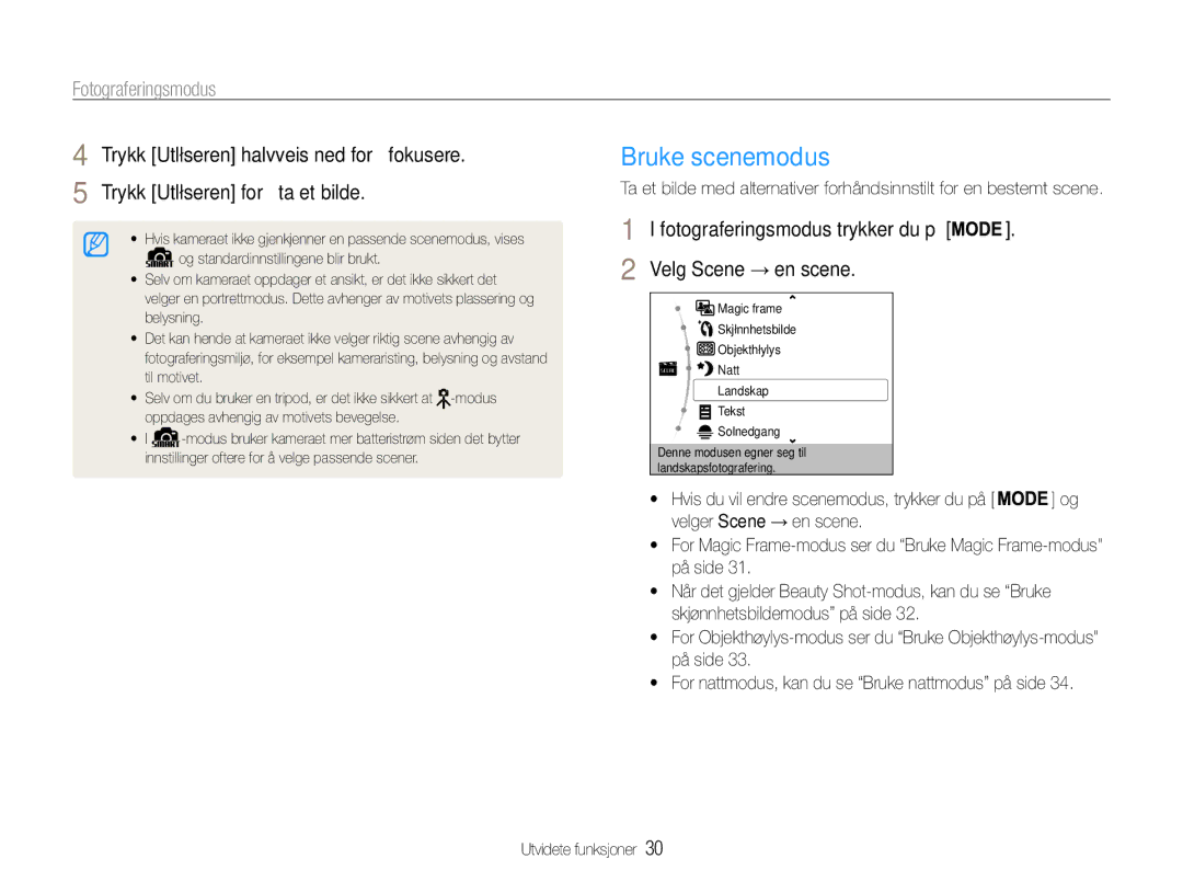 Samsung EC-PL21ZZBPPE2, EC-PL21ZZBPBE2, EC-PL210ZBPPE2 manual Bruke scenemodus, Fotograferingsmodus, Velg Scene → en scene 