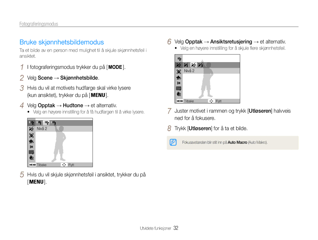 Samsung EC-PL211ZBPBE2, EC-PL21ZZBPBE2 manual Bruke skjønnhetsbildemodus, Velg Opptak → Ansiktsretusjering → et alternativ 