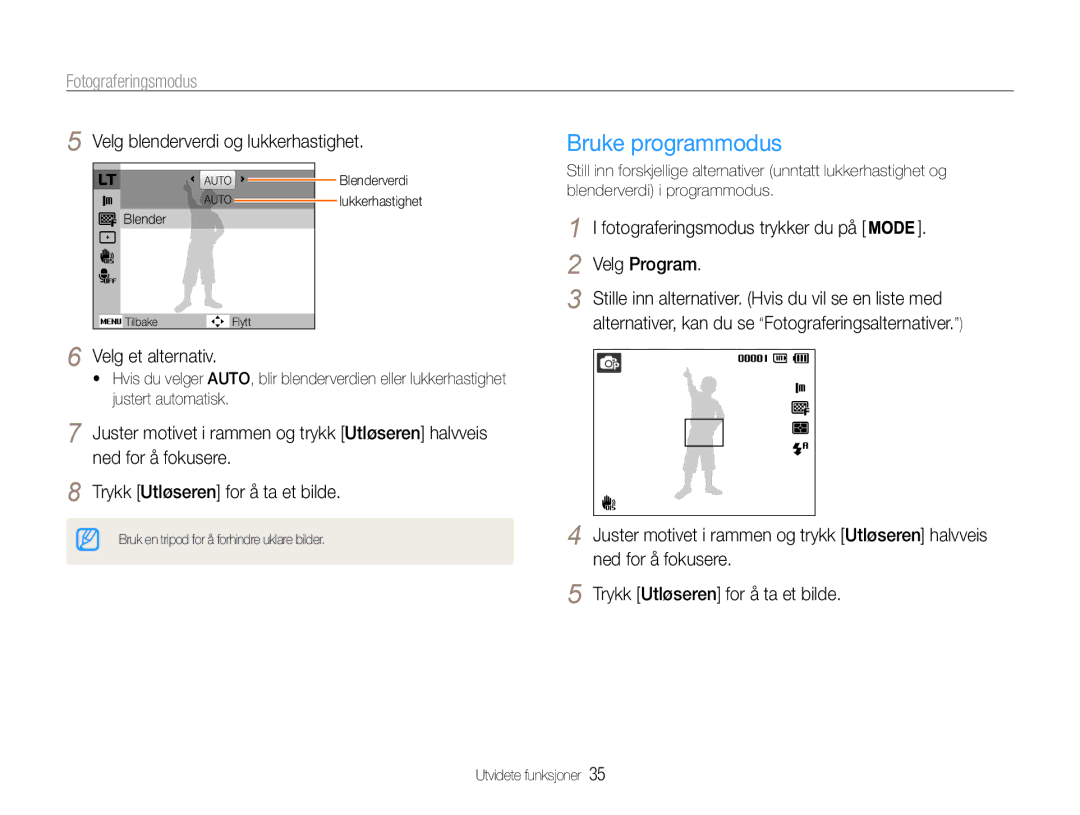 Samsung EC-PL21ZZBPBE2, EC-PL21ZZBPPE2 manual Bruke programmodus, Velg blenderverdi og lukkerhastighet, Velg et alternativ 