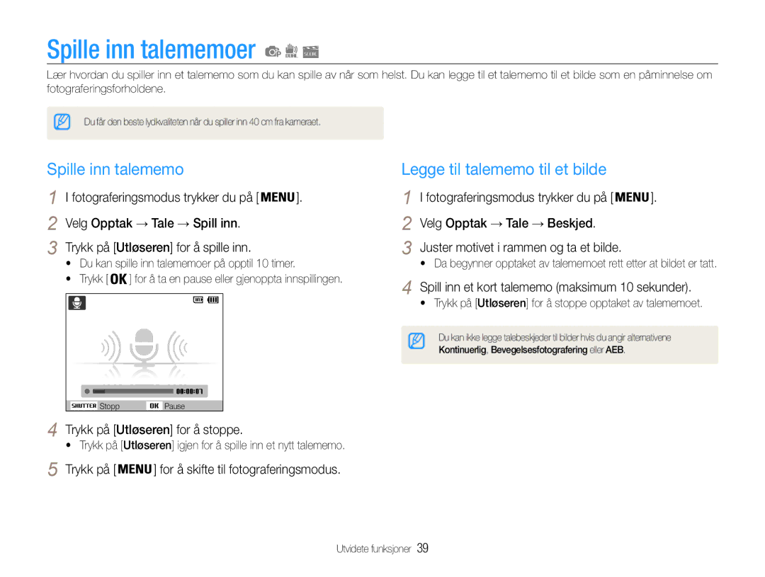 Samsung EC-PL210ZBPBE2, EC-PL21ZZBPBE2, EC-PL21ZZBPPE2 manual Spille inn talememoer, Legge til talememo til et bilde 