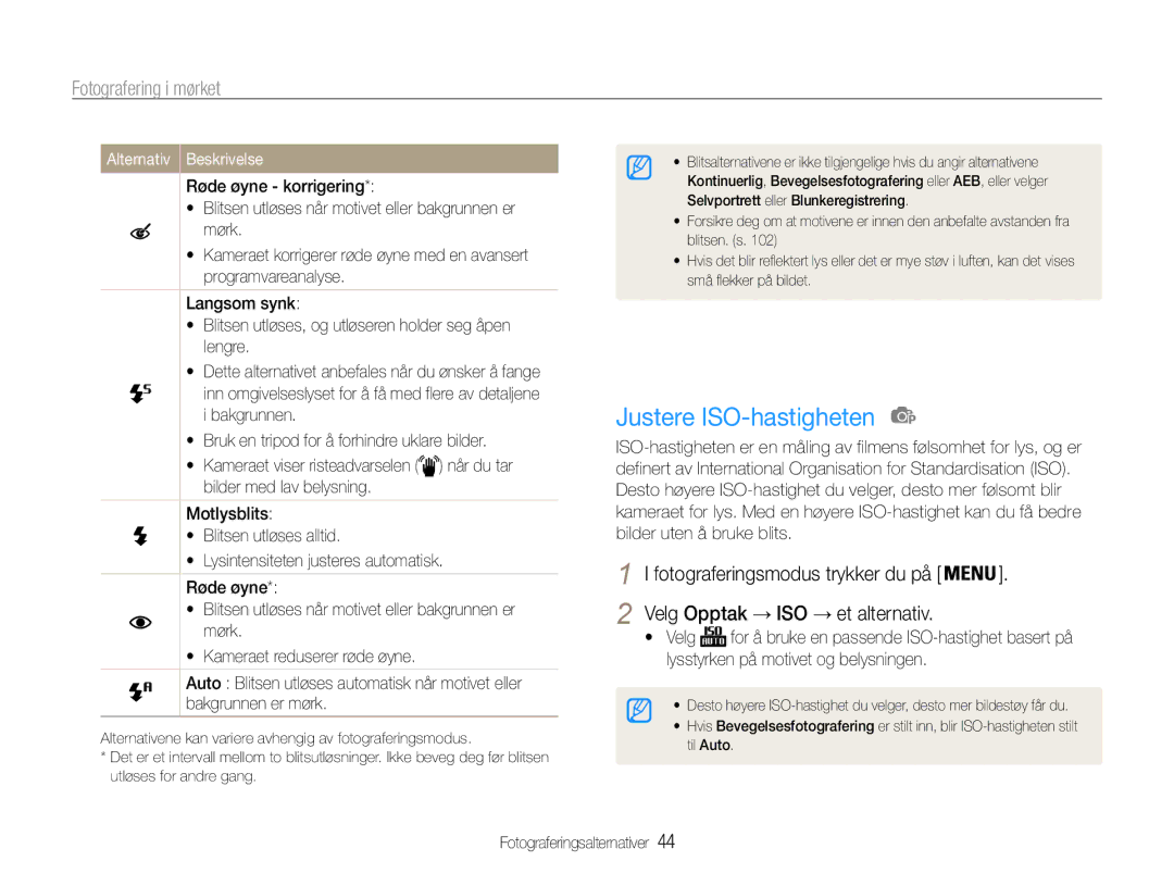 Samsung EC-PL211ZBPBE2, EC-PL21ZZBPBE2, EC-PL21ZZBPPE2, EC-PL210ZBPPE2 manual Justere ISO-hastigheten, Fotografering i mørket 