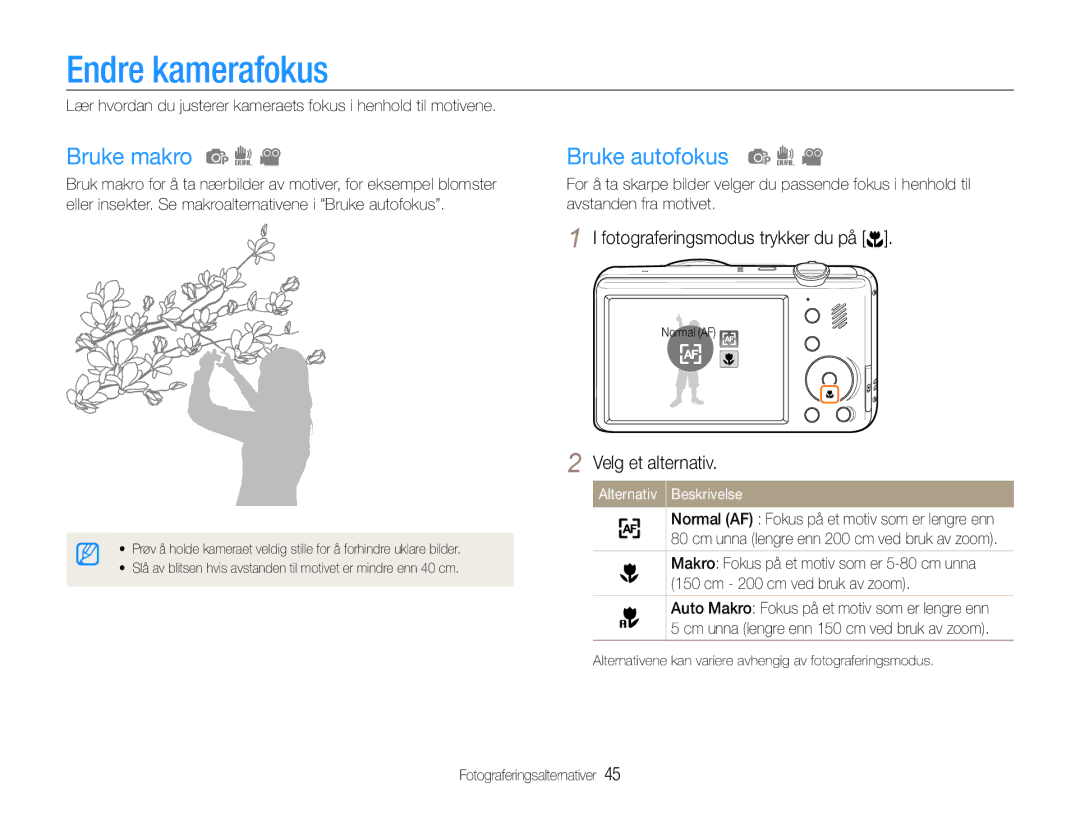 Samsung EC-PL210ZBPBE2, EC-PL21ZZBPBE2, EC-PL21ZZBPPE2, EC-PL210ZBPPE2 manual Endre kamerafokus, Bruke makro, Bruke autofokus 