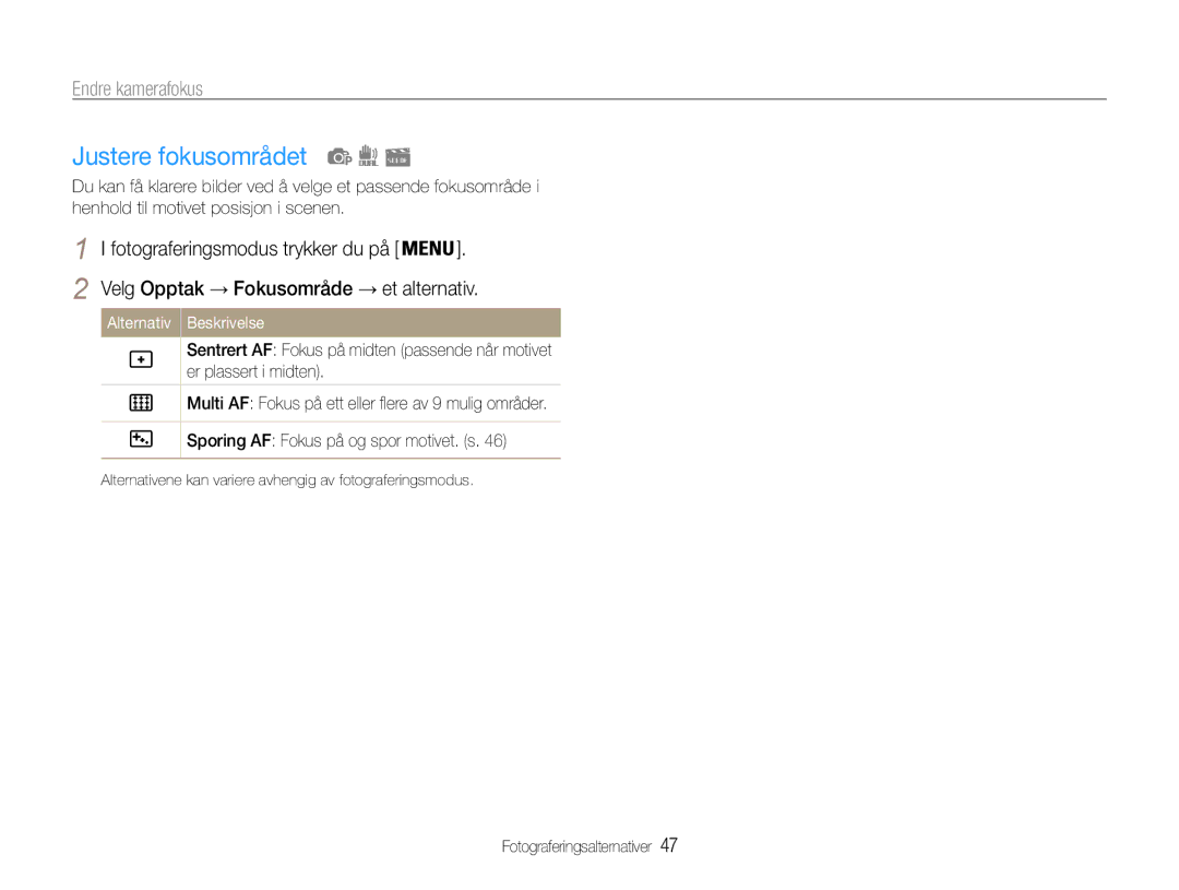 Samsung EC-PL21ZZBPBE2, EC-PL21ZZBPPE2, EC-PL210ZBPPE2 manual Justere fokusområdet, Velg Opptak → Fokusområde → et alternativ 