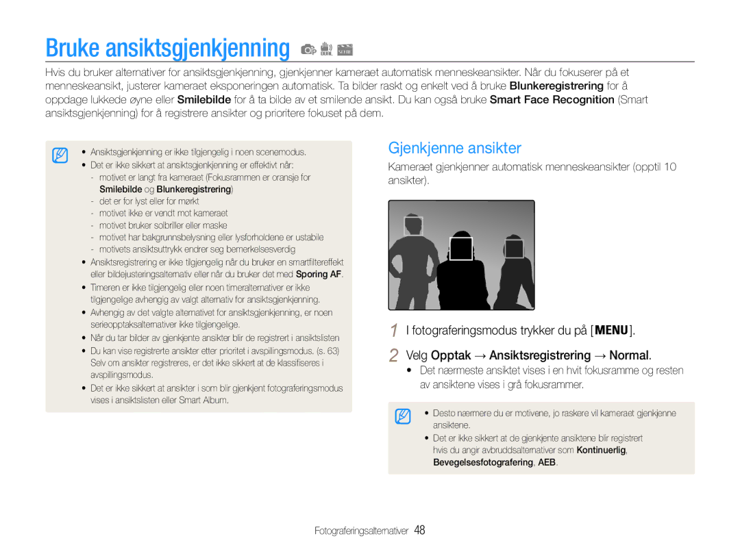 Samsung EC-PL21ZZBPPE2, EC-PL21ZZBPBE2, EC-PL210ZBPPE2, EC-PL211ZBPBE2 manual Bruke ansiktsgjenkjenning, Gjenkjenne ansikter 