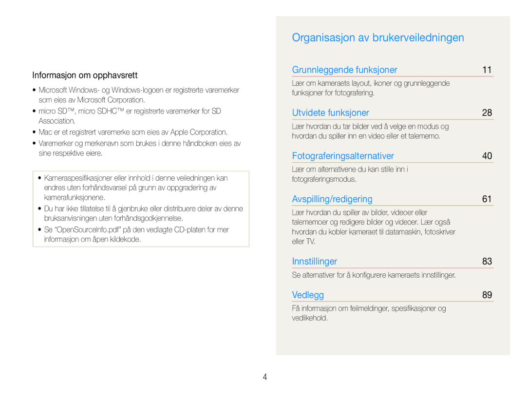 Samsung EC-PL21ZZBPRE2, EC-PL21ZZBPBE2, EC-PL21ZZBPPE2 manual Organisasjon av brukerveiledningen, Informasjon om opphavsrett 