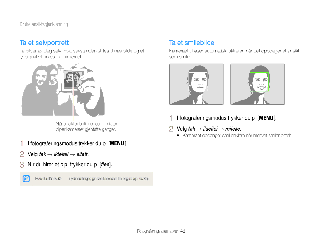 Samsung EC-PL210ZBPPE2, EC-PL21ZZBPBE2, EC-PL21ZZBPPE2 manual Ta et selvportrett, Ta et smilebilde, Bruke ansiktsgjenkjenning 