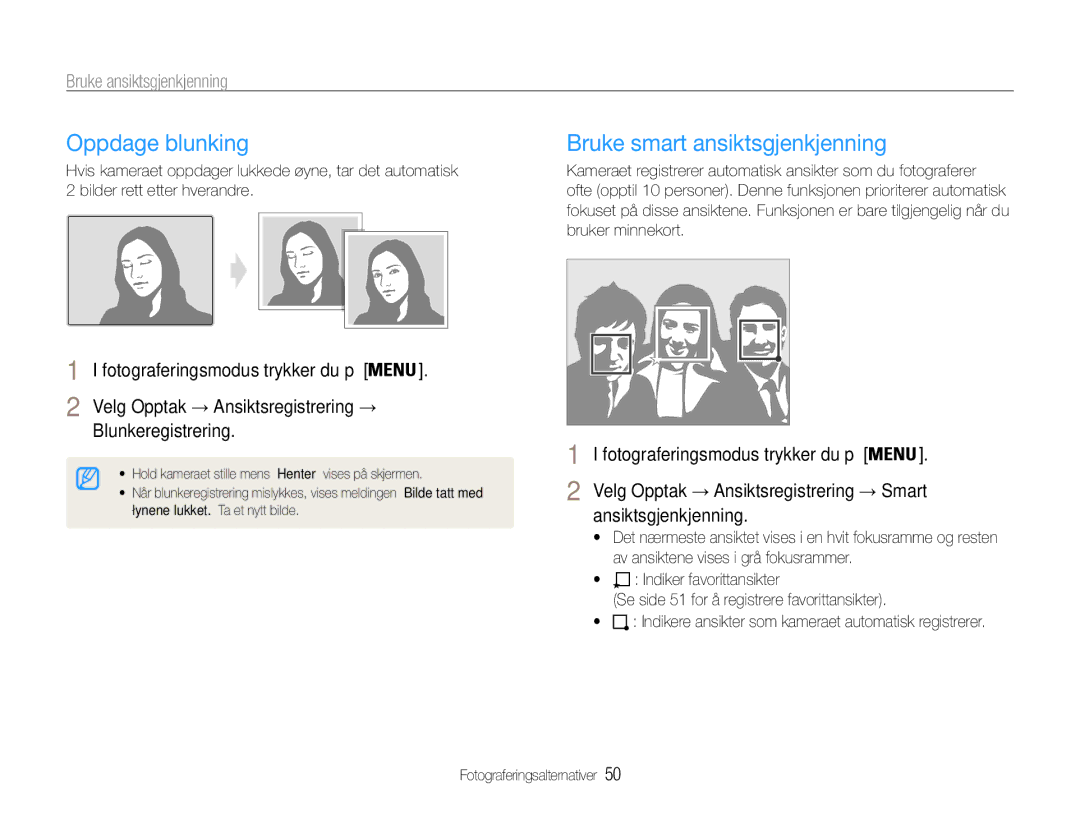 Samsung EC-PL211ZBPBE2 manual Oppdage blunking, Bruke smart ansiktsgjenkjenning, Blunkeregistrering, Ansiktsgjenkjenning 