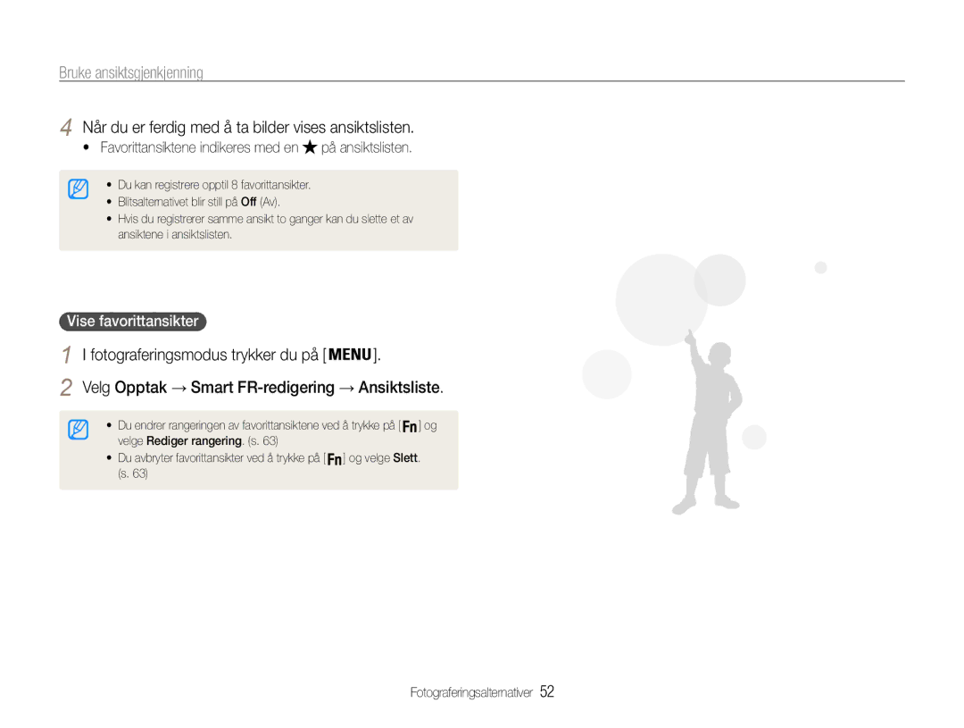 Samsung EC-PL21ZZBPRE2, EC-PL21ZZBPBE2 manual Når du er ferdig med å ta bilder vises ansiktslisten, Vise favorittansikter 