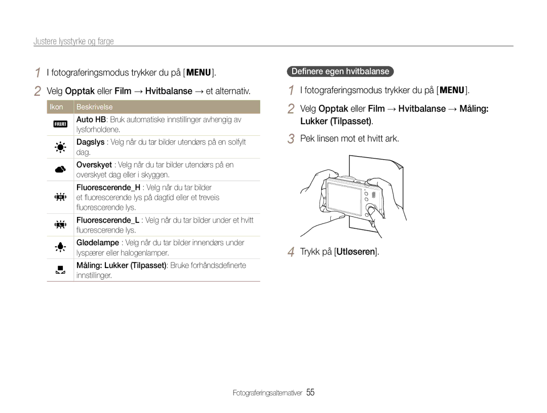 Samsung EC-PL210ZBPPE2, EC-PL21ZZBPBE2, EC-PL21ZZBPPE2, EC-PL211ZBPBE2, EC-PL210ZBPBE2 manual Definere egen hvitbalanse 