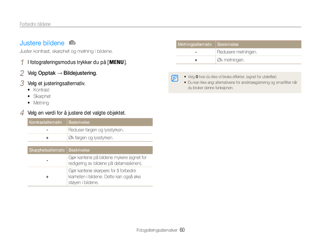 Samsung EC-PL21ZZBPPE2, EC-PL21ZZBPBE2 manual Justere bildene, Velg Opptak → Bildejustering Velg et justeringsalternativ 