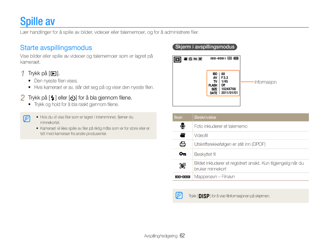 Samsung EC-PL211ZBPBE2, EC-PL21ZZBPBE2 manual Spille av, Starte avspillingsmodus, Trykk på eller for å bla gjennom filene 