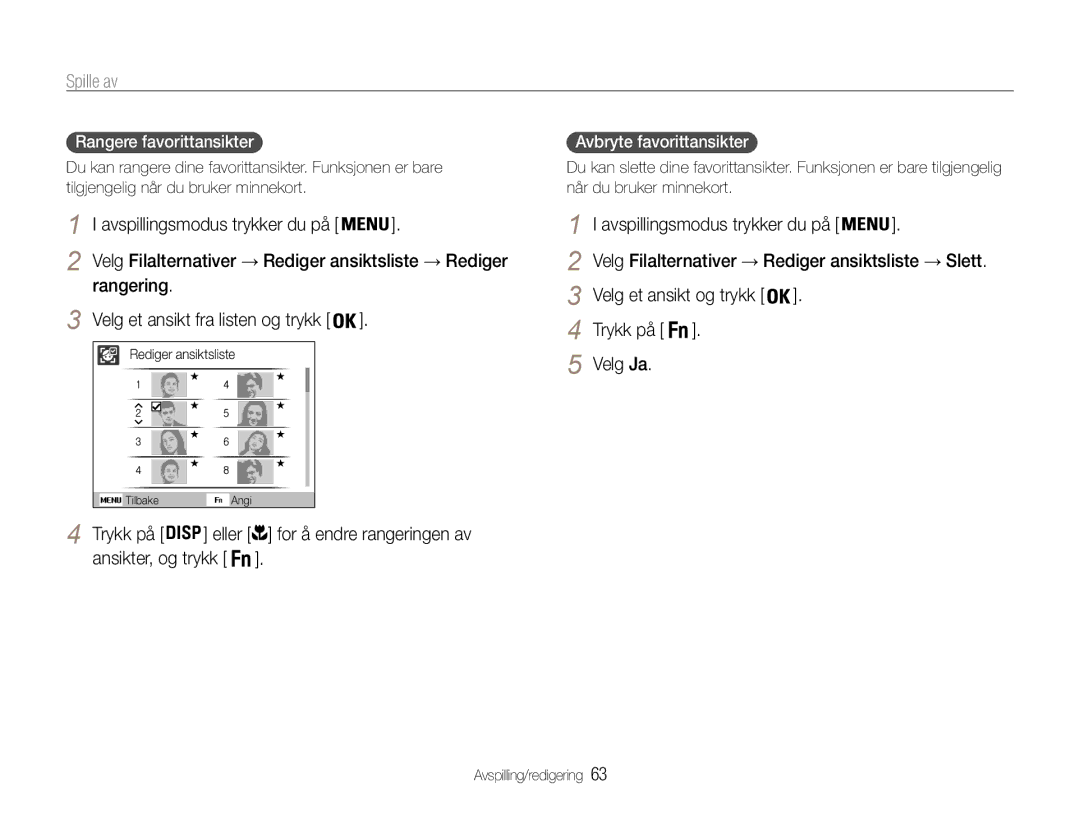 Samsung EC-PL210ZBPBE2 manual Spille av, Rangering, Ansikter, og trykk, Rangere favorittansikter, Avbryte favorittansikter 