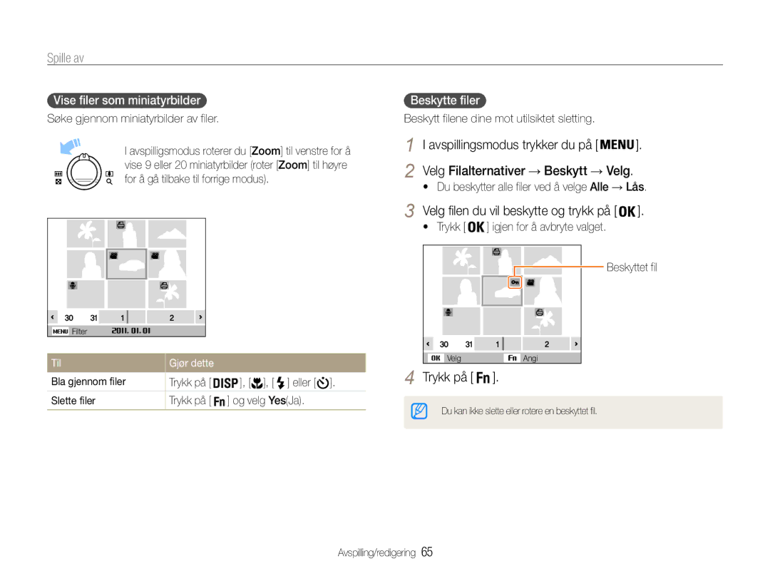 Samsung EC-PL21ZZBPBE2 manual Avspillingsmodus trykker du på, Vise filer som miniatyrbilder, Beskytte filer, Til Gjør dette 