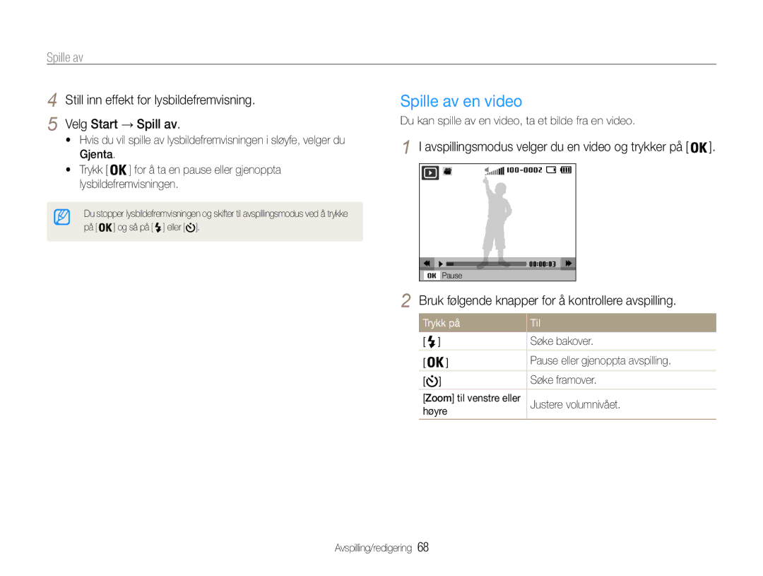 Samsung EC-PL211ZBPBE2 manual Spille av en video, Bruk følgende knapper for å kontrollere avspilling, Trykk på Til 