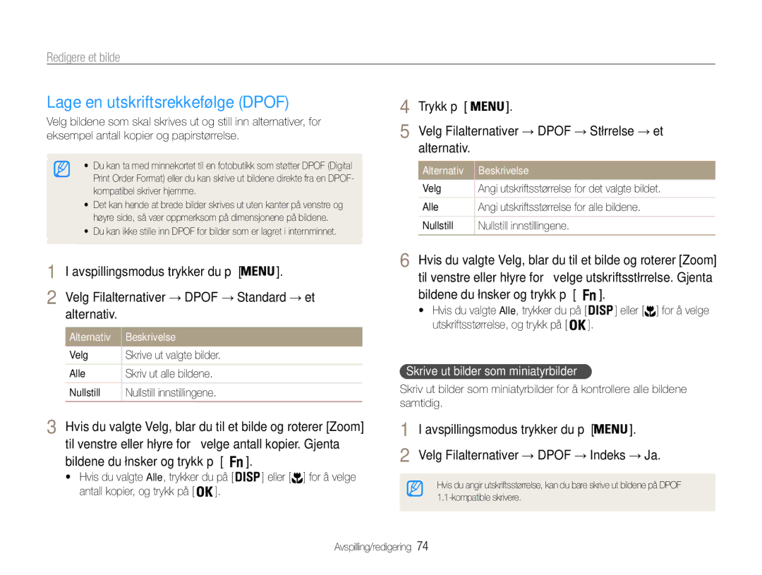 Samsung EC-PL211ZBPBE2 manual Lage en utskriftsrekkefølge Dpof, Alternativ, Velg Filalternativer → Dpof → Standard → et 