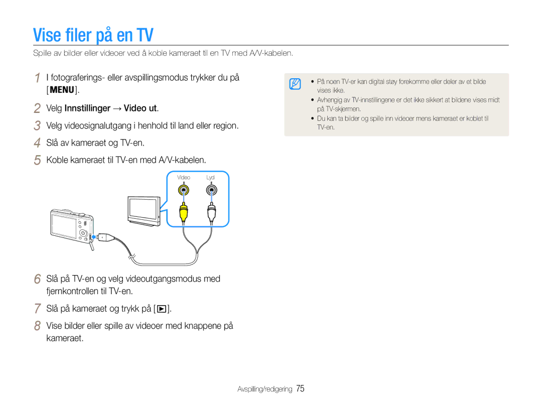 Samsung EC-PL210ZBPBE2 Vise filer på en TV, Fotograferings- eller avspillingsmodus trykker du på, Slå av kameraet og TV-en 