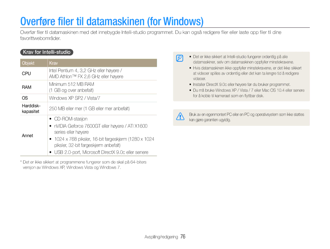 Samsung EC-PL21ZZBPRE2, EC-PL21ZZBPBE2 Overføre filer til datamaskinen for Windows, Krav for Intelli-studio, Objekt Krav 