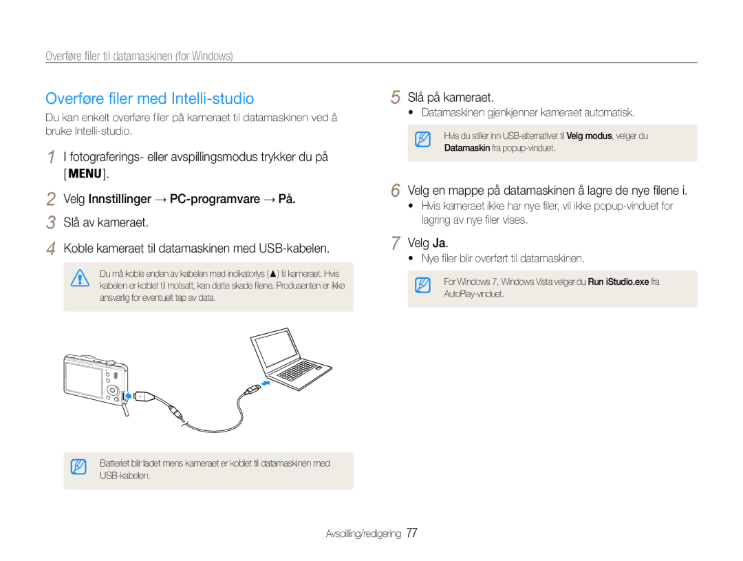 Samsung EC-PL21ZZBPBE2 Overføre filer med Intelli-studio, Overføre filer til datamaskinen for Windows, Slå på kameraet 