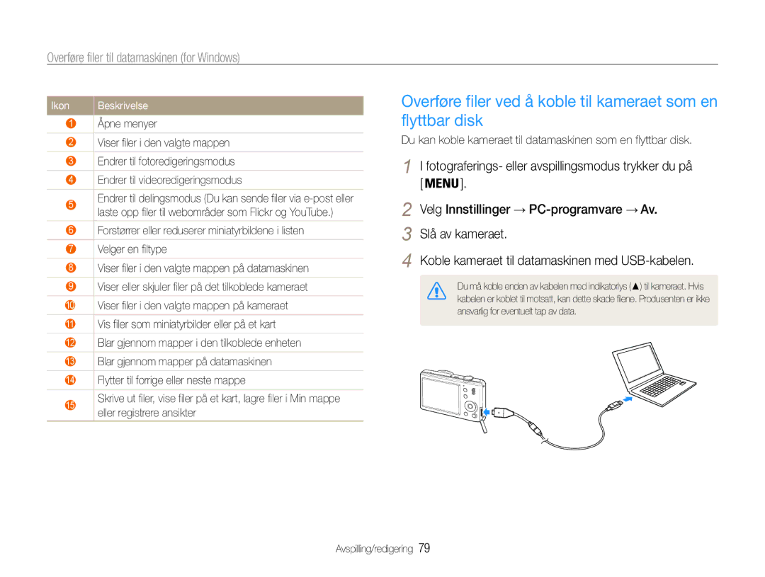 Samsung EC-PL210ZBPPE2, EC-PL21ZZBPBE2, EC-PL21ZZBPPE2 manual Overføre filer ved å koble til kameraet som en flyttbar disk 