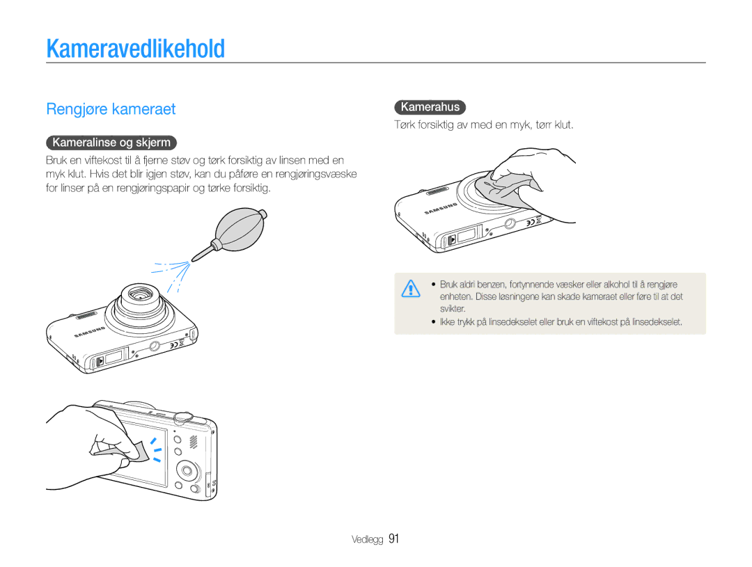 Samsung EC-PL210ZBPPE2, EC-PL21ZZBPBE2 manual Kameravedlikehold, Rengjøre kameraet, Kameralinse og skjerm, Kamerahus 