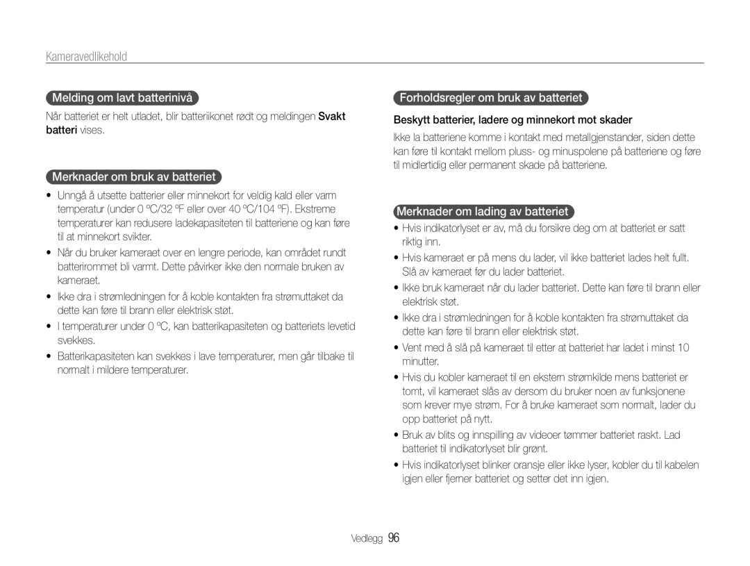 Samsung EC-PL21ZZBPPE2 Melding om lavt batterinivå, Merknader om bruk av batteriet, Forholdsregler om bruk av batteriet 