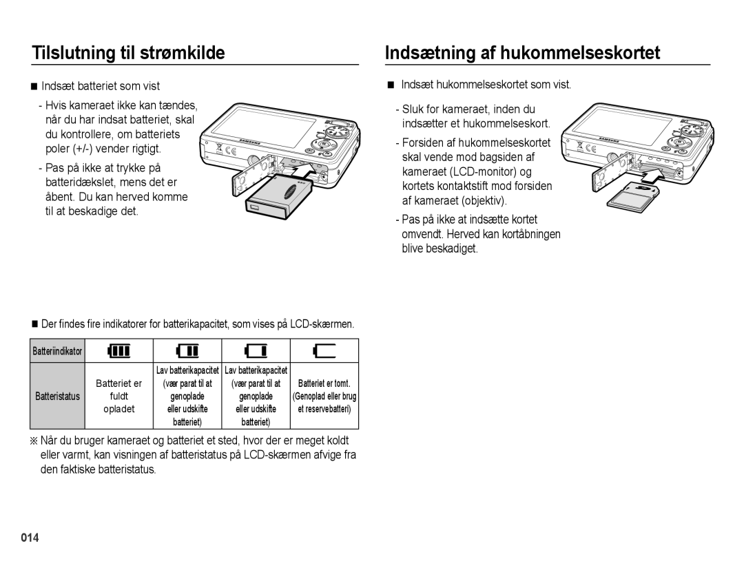 Samsung EC-PL50ZPBP/E2 manual Indsætning af hukommelseskortet, Indsæt batteriet som vist, Indsæt hukommelseskortet som vist 