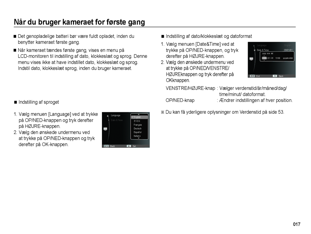 Samsung EC-PL50ZSBP/E2, EC-PL50ZABP/E2 manual Når du bruger kameraet for første gang, Time/minut/ datoformat, OP/NED-knap 