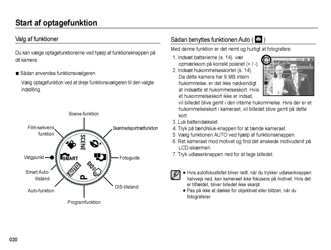 Samsung EC-PL50ZBBP/E2, EC-PL50ZABP/E2 manual Start af optagefunktion, Valg af funktioner, Sådan benyttes funktionen Auto 