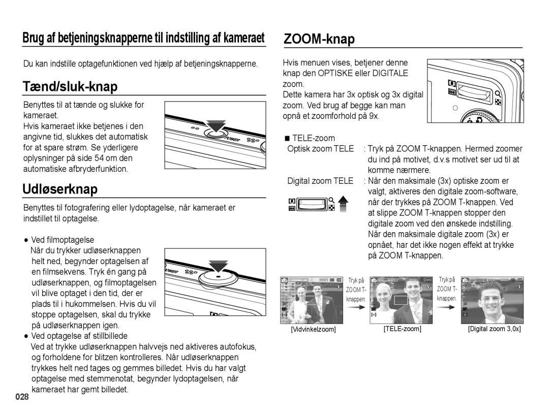 Samsung EC-PL50ZBBP/E2, EC-PL50ZABP/E2, EC-PL50ZSBP/E2, EC-PL50ZPBP/E2 manual Tænd/sluk-knap, Udløserknap, ZOOM-knap 