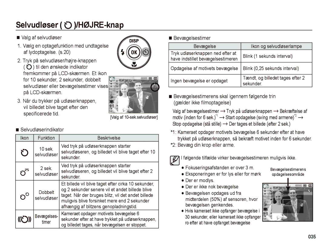 Samsung EC-PL50ZABP/E2 Selvudløserindikator, Bevægelsestimer, Gælder ikke ﬁlmoptagelse, Der tages et billede efter 2 sek 