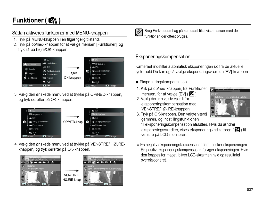 Samsung EC-PL50ZSBP/E2, EC-PL50ZABP/E2 manual Sådan aktiveres funktioner med MENU-knappen, Eksponeringskompensation 