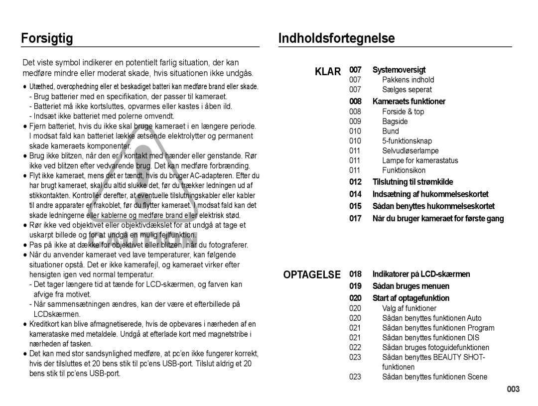 Samsung EC-PL50ZABP/E2, EC-PL50ZBBP/E2, EC-PL50ZSBP/E2 Forsigtig Indholdsfortegnelse, Pakkens indhold 007 Sælges seperat 