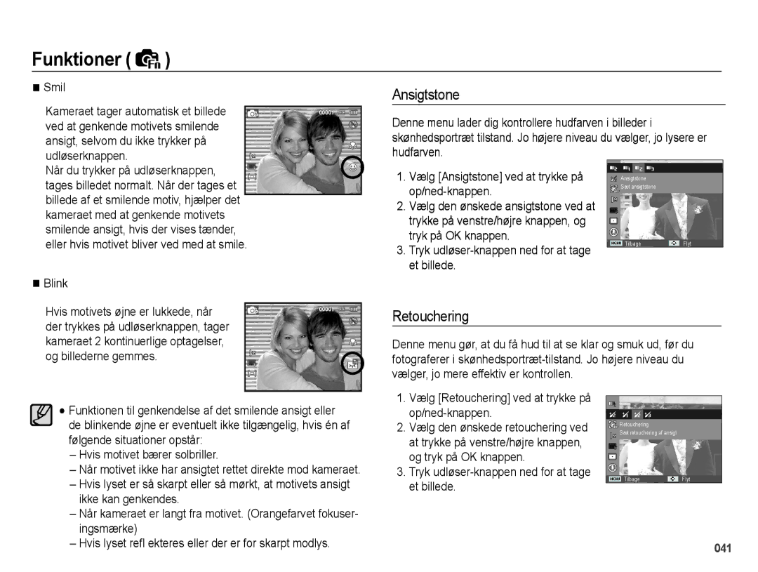 Samsung EC-PL50ZSBP/E2, EC-PL50ZABP/E2, EC-PL50ZBBP/E2, EC-PL50ZPBP/E2 manual Ansigtstone, Retouchering 