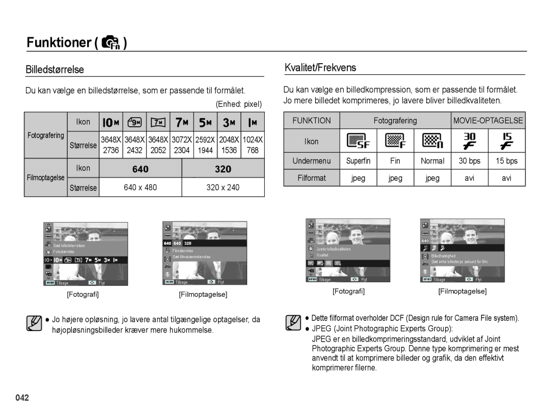 Samsung EC-PL50ZPBP/E2, EC-PL50ZABP/E2, EC-PL50ZBBP/E2, EC-PL50ZSBP/E2 manual Billedstørrelse, Kvalitet/Frekvens 