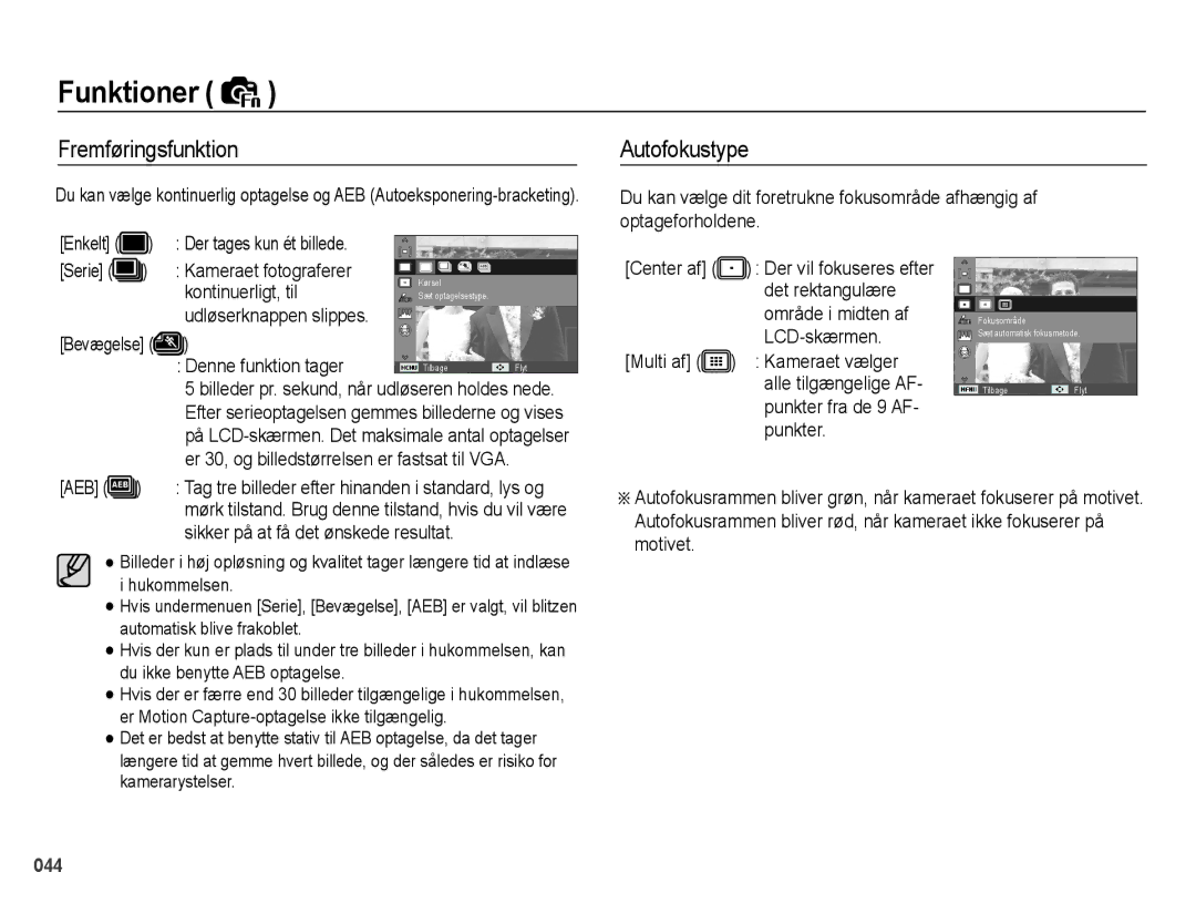 Samsung EC-PL50ZBBP/E2, EC-PL50ZABP/E2, EC-PL50ZSBP/E2, EC-PL50ZPBP/E2 manual Fremføringsfunktion, Autofokustype 