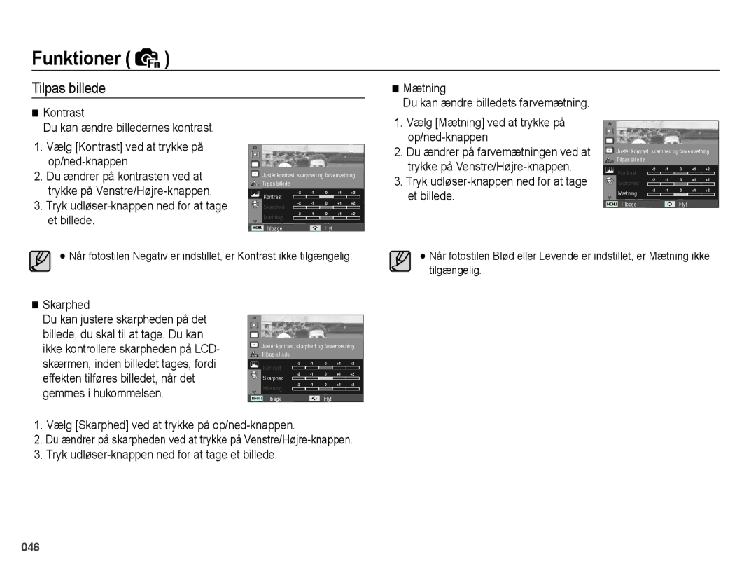 Samsung EC-PL50ZPBP/E2, EC-PL50ZABP/E2 manual Tilpas billede, Vælg Mætning ved at trykke på op/ned-knappen, Skarphed 