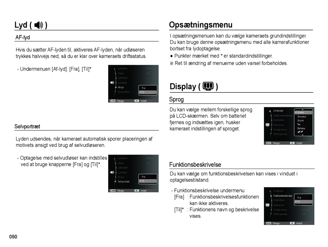 Samsung EC-PL50ZPBP/E2, EC-PL50ZABP/E2, EC-PL50ZBBP/E2, EC-PL50ZSBP/E2 Opsætningsmenu, Display, Sprog, Funktionsbeskrivelse 