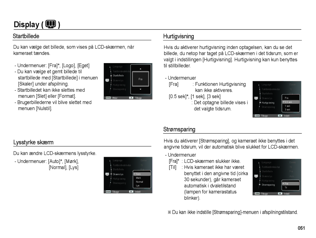 Samsung EC-PL50ZABP/E2, EC-PL50ZBBP/E2, EC-PL50ZSBP/E2 manual Startbillede, Hurtigvisning, Strømsparing Lysstyrke skærm 